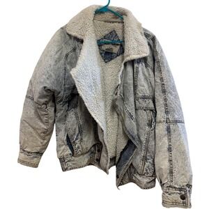 Vintage Top Gun Acid Wash Denim Sherpa Lined Bomber Jacket Mens Small Blue 80s